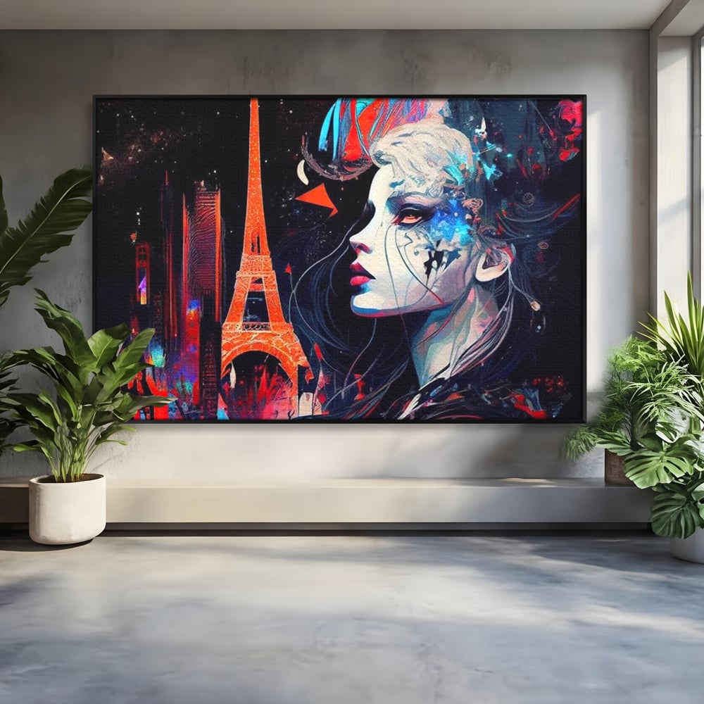 Tablou canvas cu tablou canvas cu femeie si turnul eiffel, in rama de aluminiu negru